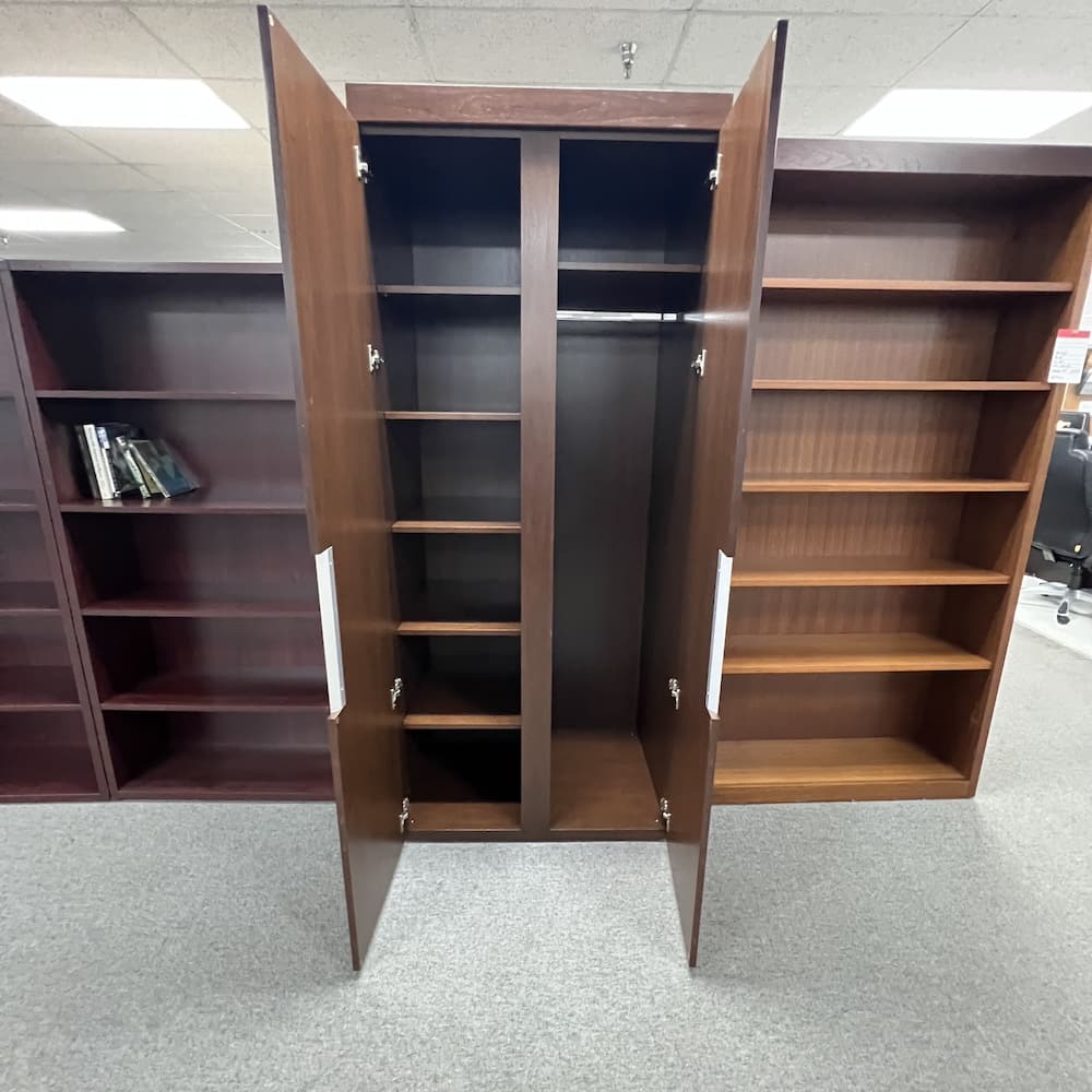 walnut veneer wood wardrobe storage cabinet 2 door with clothes hanger rod and shelves