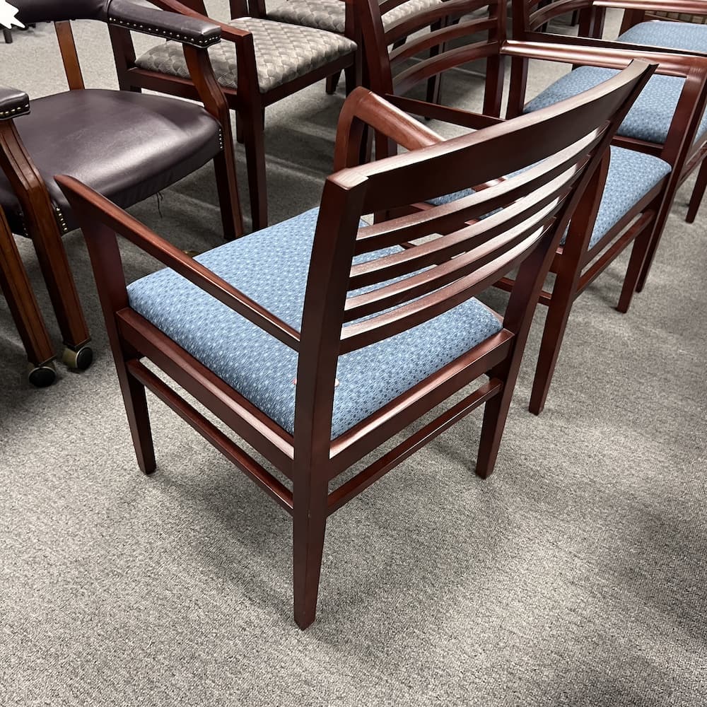 blue upholstered seat and slat back guest chair national Kimball furniture used office cherry