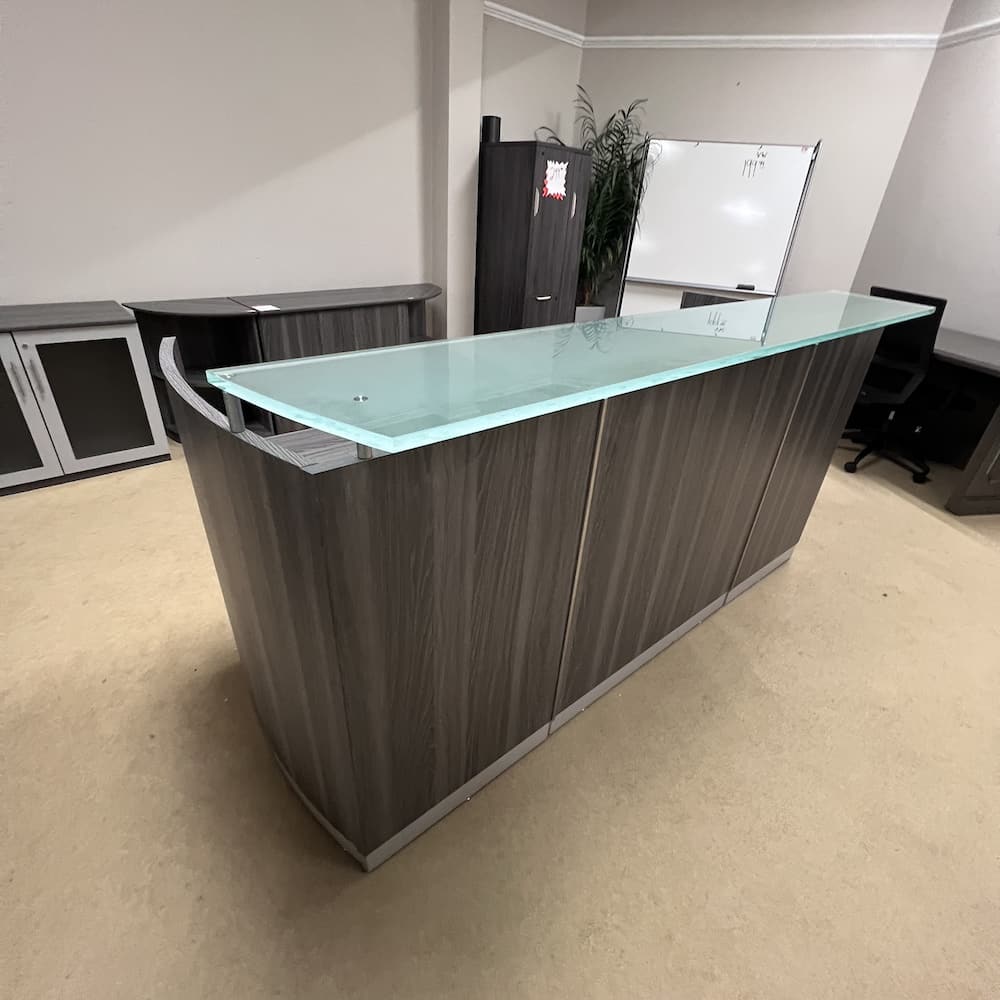 grey laminate reception desk rounded sides glass transaction top double pedestal used office furniture lobby